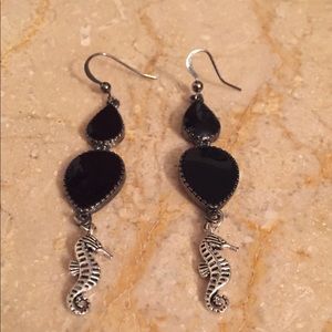 Seahorse Black Enamel Drop Earrings